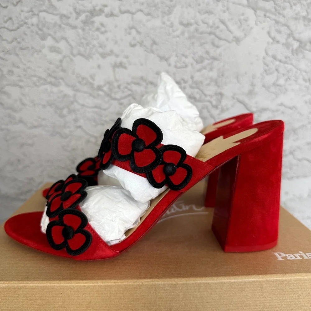 Christian Louboutin Tres Pansy 85 Suede Sandals Womens 42 Red Black Brand NEW - Picture 2 of 12